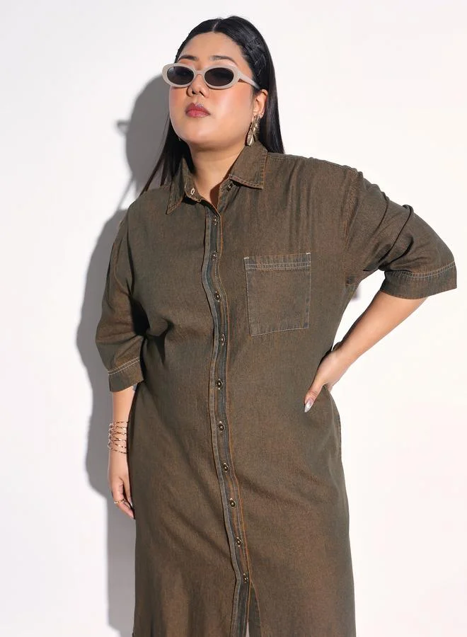 SASSAFRAS Plus Size Green Washed Midi Shirt Dress