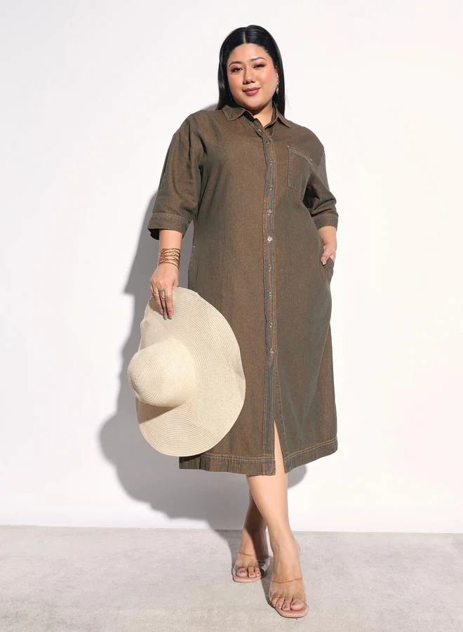 SASSAFRAS Plus Size Green Washed Midi Shirt Dress