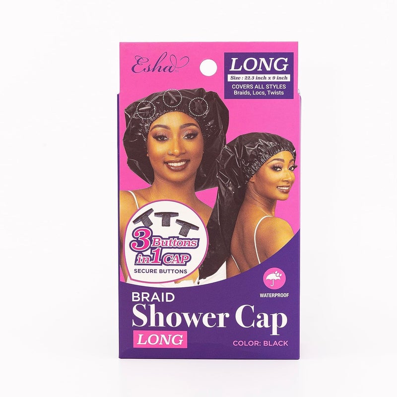 Esha Girl - Shower Cap for Extra Long Hair, Braids, Locs, Twists â€“ Waterproof â€“ Snug Fit Guarantees No Leaks â€“ Easy Button Up (Black, Long (22.3" x 9")) - Image 1