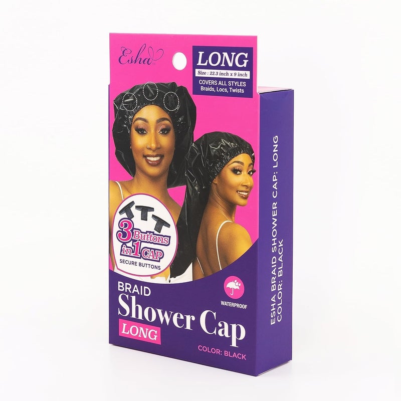 Esha Girl - Shower Cap for Extra Long Hair, Braids, Locs, Twists â€“ Waterproof â€“ Snug Fit Guarantees No Leaks â€“ Easy Button Up (Black, Long (22.3" x 9")) - Image 2