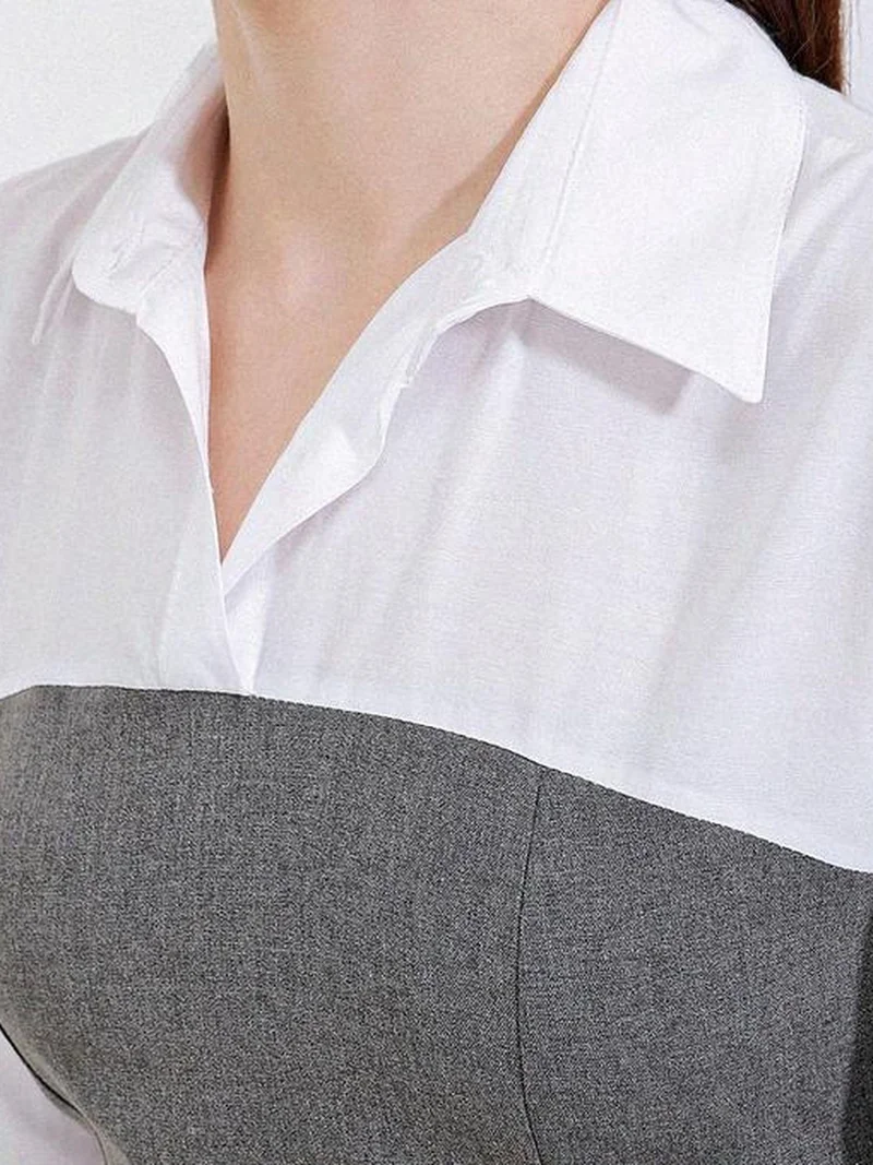 Big Dart Charcoal Grey Color Blocked Mini Dress with Shirt Collar and Long Sleeves for Women | Best Price UAE