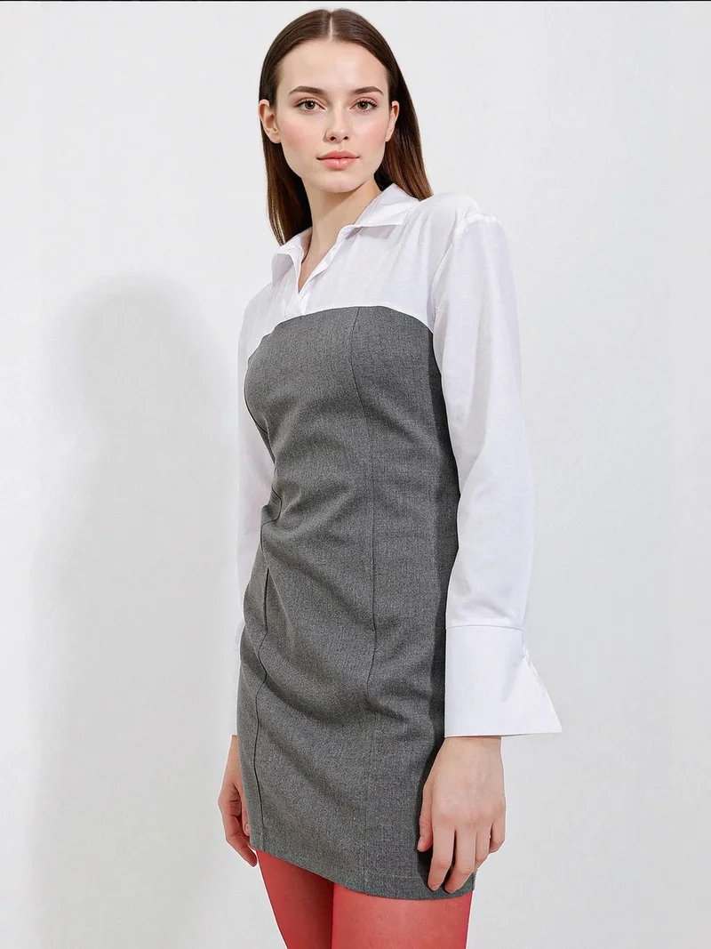 Big Dart Charcoal Grey Color Blocked Mini Dress with Shirt Collar and Long Sleeves for Women | Best Price UAE