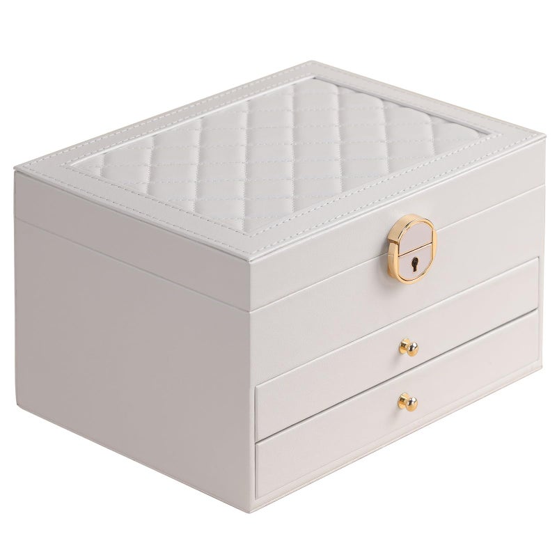 GUOER Jewelry Box for Women Girl Wife 3 Layers Large PU Leather Jewelry Organizer Storage Case with Two drawers Display for Earrings Bracelets Rings Watches (White) - Image 1
