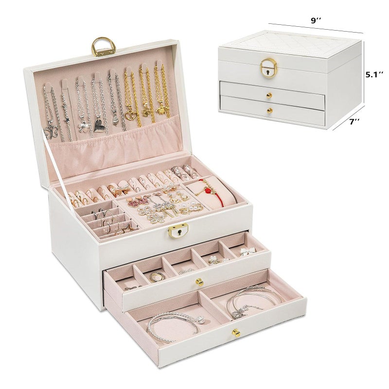 GUOER Jewelry Box for Women Girl Wife 3 Layers Large PU Leather Jewelry Organizer Storage Case with Two drawers Display for Earrings Bracelets Rings Watches (White) - Image 3