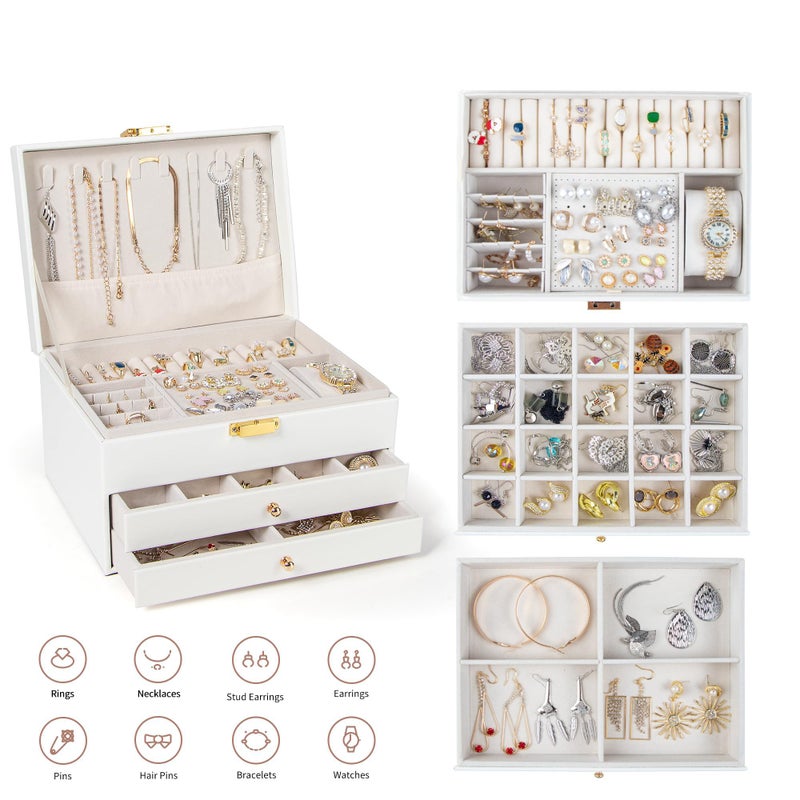 GUOER Jewelry Box for Women Girl Wife 3 Layers Large PU Leather Jewelry Organizer Storage Case with Two drawers Display for Earrings Bracelets Rings Watches (White) - Image 2