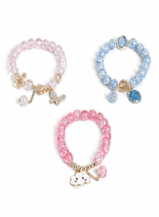 El Regalo 3PCs Opal Stone, Crystal Beads Tassel Bracelet With Cute Enamel Charms Star, Shell, Rainbow, Flowers, Swan, Pearls etc. for Kids/Girls/Teens/Women (Option-6) - Image 1