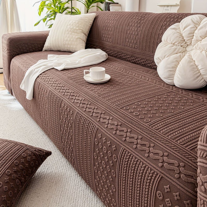 Coffee 3 Seater Bohemian Stick Jacquard Sofa Cover Elastic Solid Color Protective Cover - Image 3