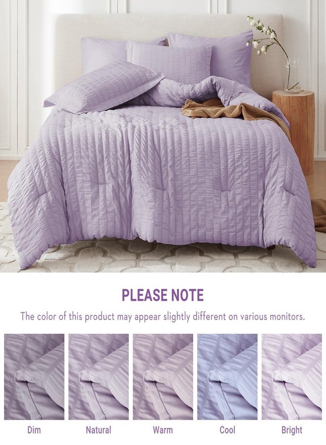 MUXHOMO 7 Pieces Queen Comforter Set, Seersucker Bed in a Bag Queen Size, All Season Luxury Bedding Set with Comforter, Flat Sheet, Fitted Sheet, Pillowcases & Shams, Lavender - Image 5