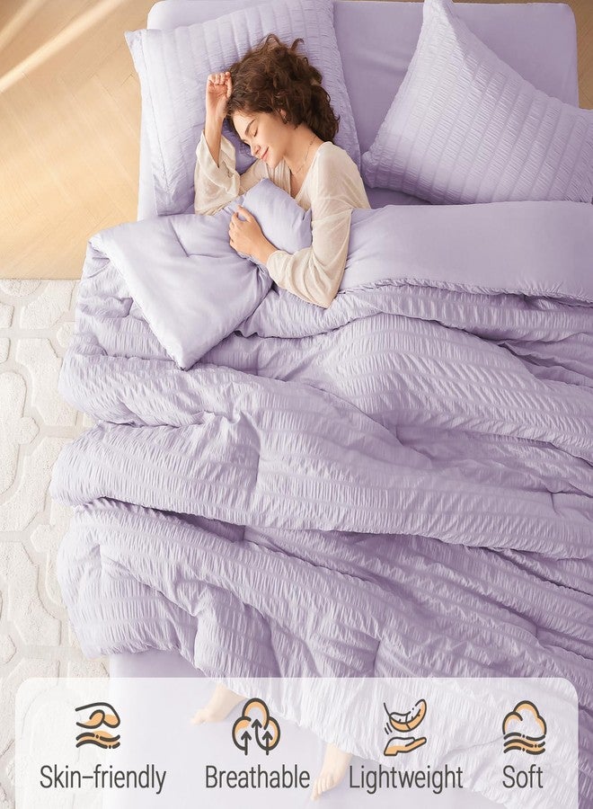 MUXHOMO 7 Pieces Queen Comforter Set, Seersucker Bed in a Bag Queen Size, All Season Luxury Bedding Set with Comforter, Flat Sheet, Fitted Sheet, Pillowcases & Shams, Lavender - Image 2