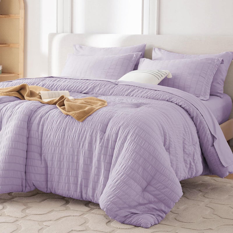 MUXHOMO 7 Pieces Queen Comforter Set, Seersucker Bed in a Bag Queen Size, All Season Luxury Bedding Set with Comforter, Flat Sheet, Fitted Sheet, Pillowcases & Shams, Lavender - Image 1