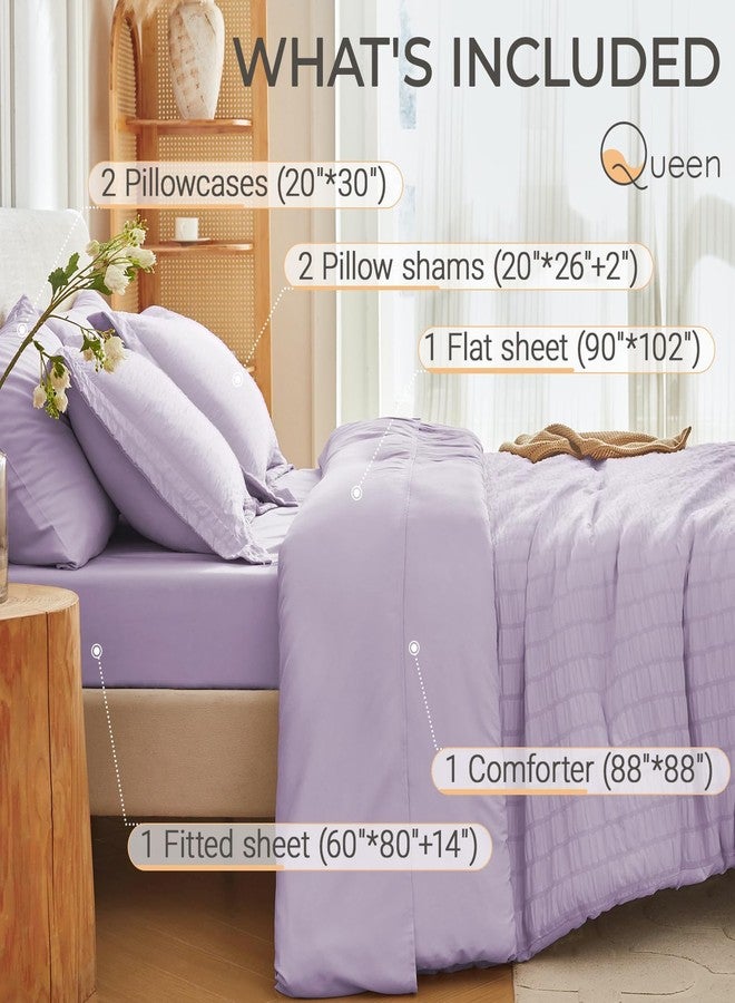 MUXHOMO 7 Pieces Queen Comforter Set, Seersucker Bed in a Bag Queen Size, All Season Luxury Bedding Set with Comforter, Flat Sheet, Fitted Sheet, Pillowcases & Shams, Lavender - Image 4