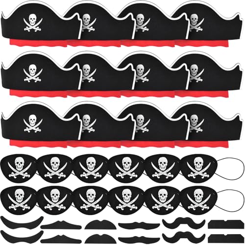 Halatool 12 Set Pirate Accessories for Kids Include 12 Felt Pirates Hats with 12 Eye Patches and 12 Mustaches Pirate Costume Accessories for Halloween Masquerade Cosplay Party Favors Decor - Image 1