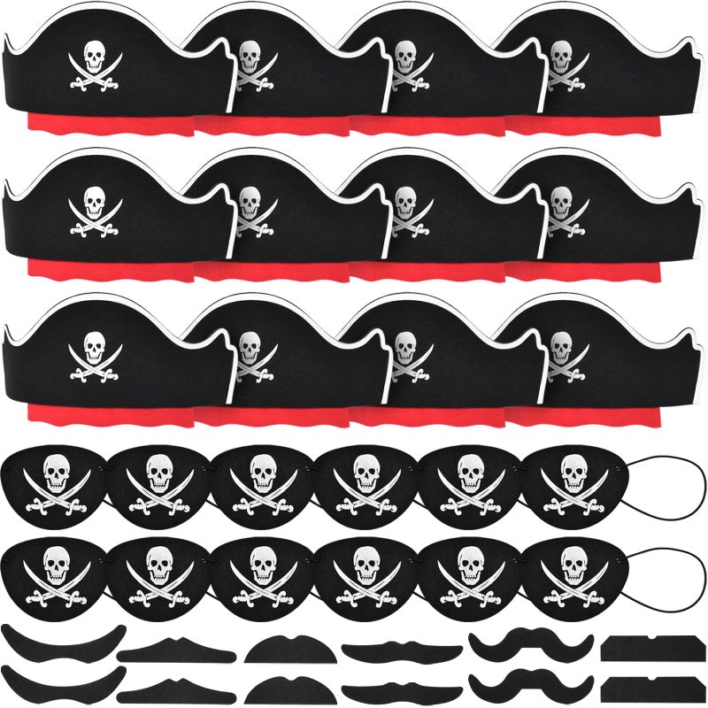 Halatool 12 Set Pirate Accessories for Kids Include 12 Felt Pirates Hats with 12 Eye Patches and 12 Mustaches Pirate Costume Accessories for Halloween Masquerade Cosplay Party Favors Decor - Image 3