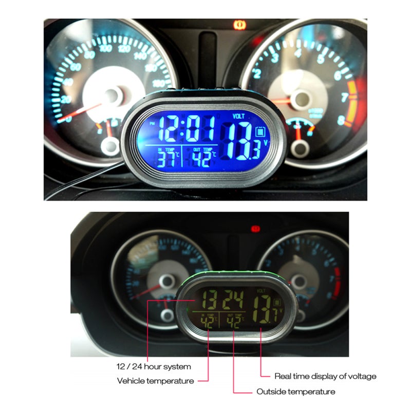3 In 1 Car Voltmeter Voltage Tester, Blue: Dual Temperature Gauge With Switchable °C/°F, Date/Time Display, Snooze Function - For 12V/24V Car Systems - Image 4