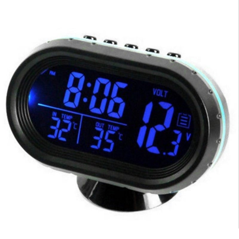 3 In 1 Car Voltmeter Voltage Tester, Blue: Dual Temperature Gauge With Switchable °C/°F, Date/Time Display, Snooze Function - For 12V/24V Car Systems - Image 1