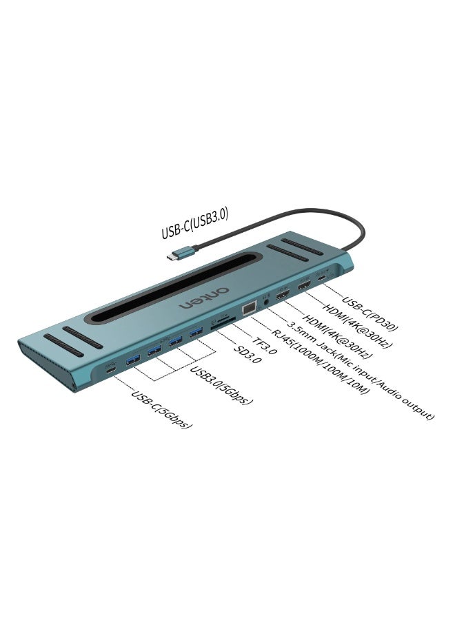 أونتن قاعدة توصيل 12 في 1 من اونتين، 2 HDMI 4K، 2 USB النوع C، و4 USB 3.0، منفذ جيجابت، قارئ بطاقات SD/TF، مدخل صوت 3.5 ملم لماك بوك/ برو/ اير، ايباد برو، اللاب توب، التابلت، الموبايلات OTN-9199 (رمادي) - Image 2