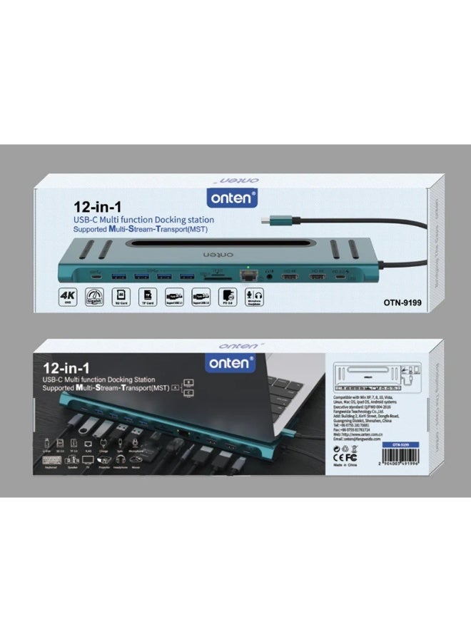 أونتن قاعدة توصيل 12 في 1 من اونتين، 2 HDMI 4K، 2 USB النوع C، و4 USB 3.0، منفذ جيجابت، قارئ بطاقات SD/TF، مدخل صوت 3.5 ملم لماك بوك/ برو/ اير، ايباد برو، اللاب توب، التابلت، الموبايلات OTN-9199 (رمادي) - Image 4