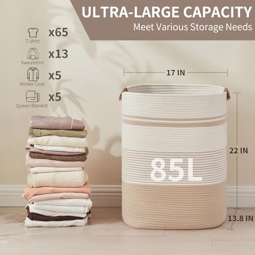 AINUOQI Laundry Basket with Handles - Blanket Basket & Hampers for Bedroom Aesthetic, Laundry Hamper & Blanket Storage for Living Room, Clothes Hamper, Tall, Large 17" x 14" x 22”, Off-white - Image 2