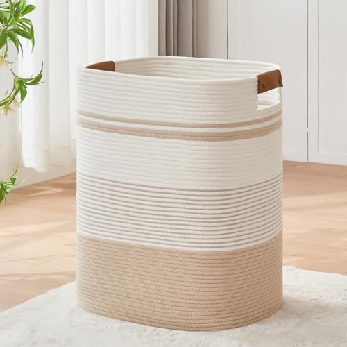AINUOQI Laundry Basket with Handles - Blanket Basket & Hampers for Bedroom Aesthetic, Laundry Hamper & Blanket Storage for Living Room, Clothes Hamper, Tall, Large 17" x 14" x 22”, Off-white - Image 1