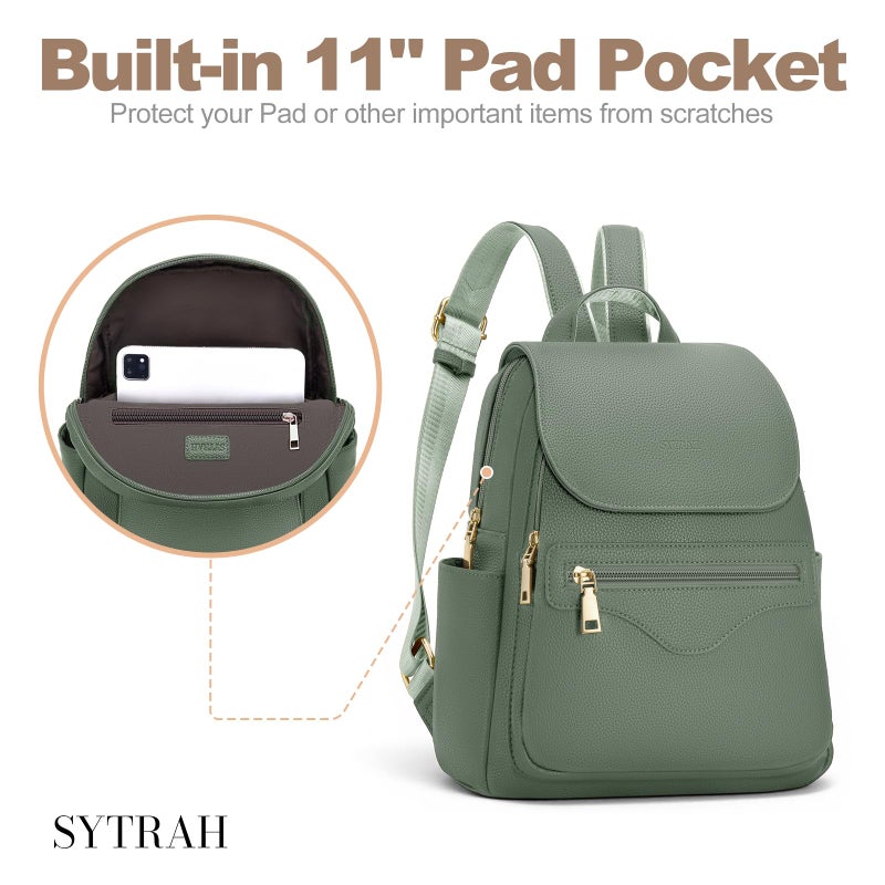 SYTRAH Mini Backpack Purse for Women, Causal Small Backpack with Built-in RFID Wallet & 11" Tablet Sleeve, Stylish Travel Daypack for Daily Green - Image 5