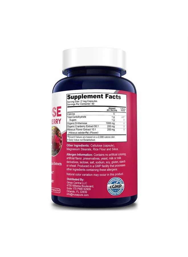 NusaPure D-Mannose Complex 1400 mg (with Hibiscus and Cranberry) - 180 Veggie Caps. - Image 2
