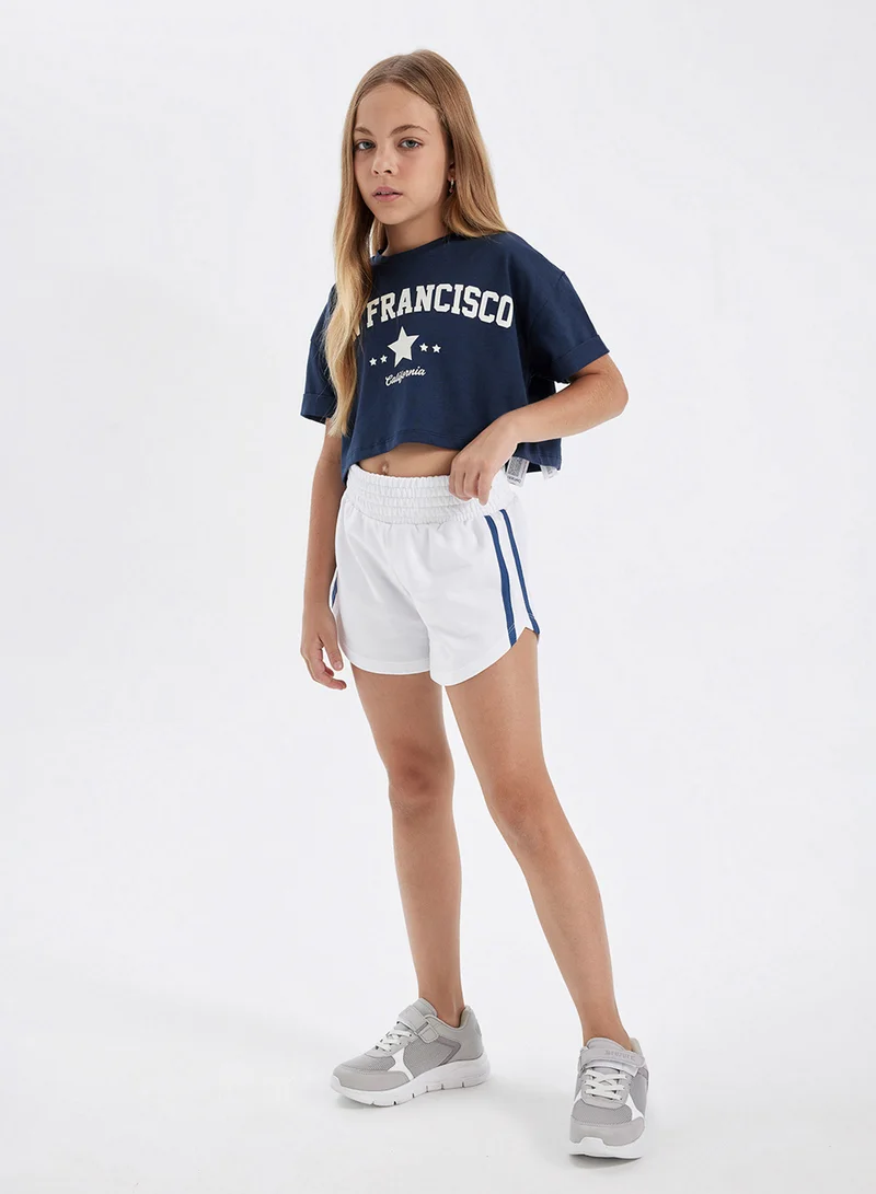 ديفاكتو Cropped Crew Neck Printed Short Sleeve T-Shirt