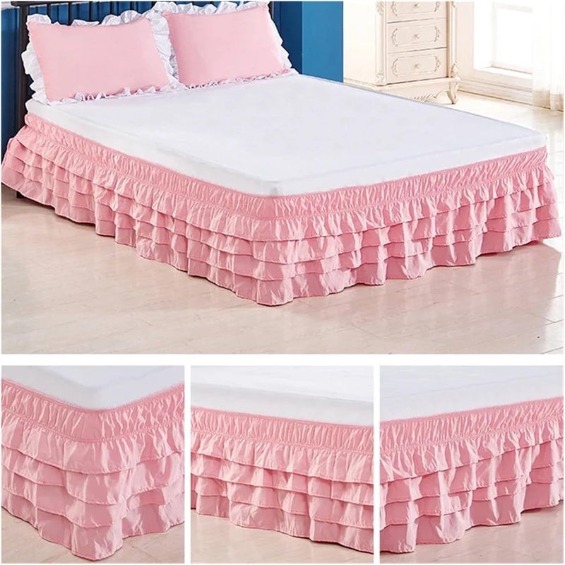 Ruffle Bed Skirt 4Layers Ruffled Bed Skirt Wrap Around Elastic Cover Without Surface Home Hotel(Pink,King 200x200x45cm) - Image 3