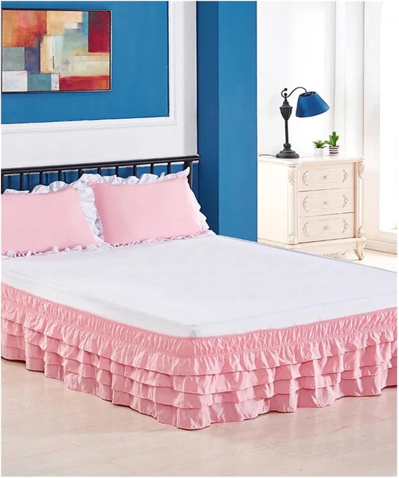 Ruffle Bed Skirt 4Layers Ruffled Bed Skirt Wrap Around Elastic Cover Without Surface Home Hotel(Pink,King 200x200x45cm) - Image 1