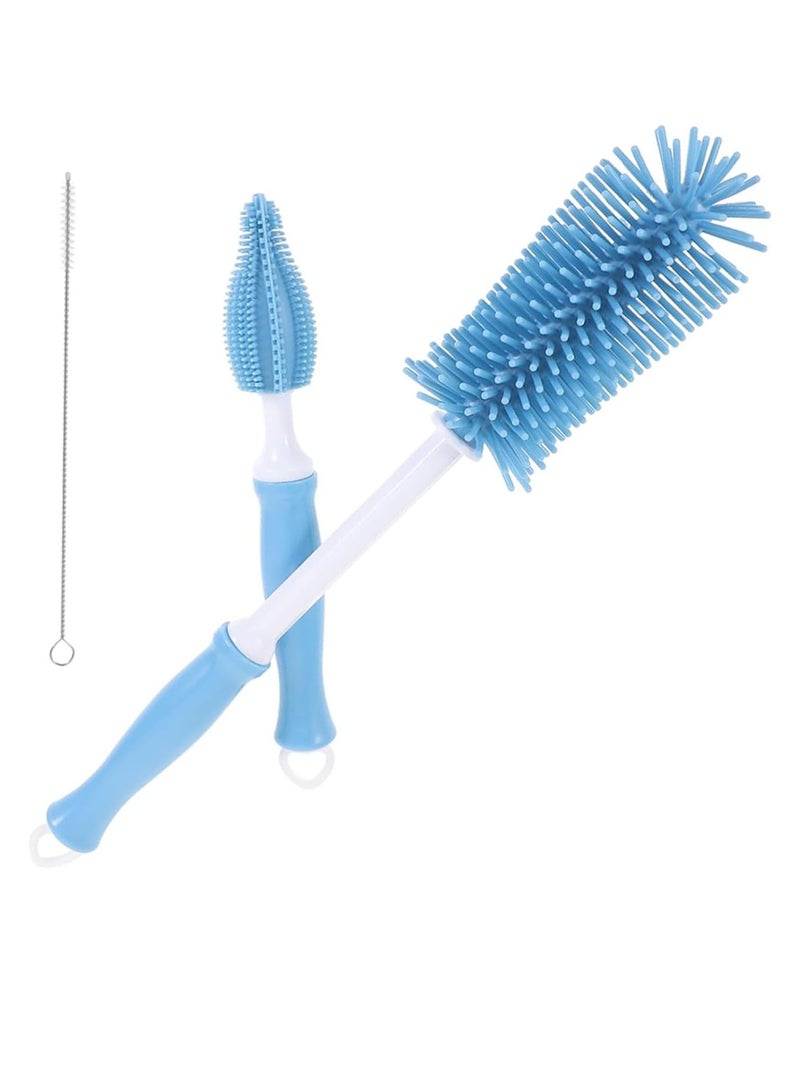 Gonice 3-In-1 Straight Handle Silicone Bottle Brush, Portable Water Bottle Cleaner, Hangable Bottle Cleaning Brush Kit with Bottle Brush, Straw Brush, Nipple Brush (Blue) - Image 1