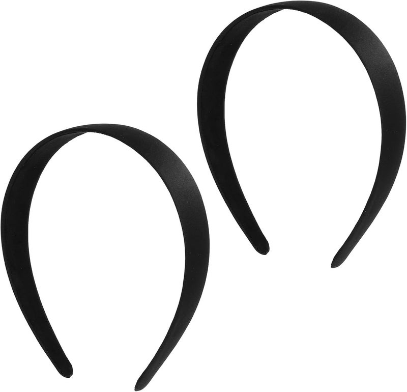 2pcs Headbands for Women Girls Satin Black Headband Plain Wide Hair Band Hoop Elastic Solid Hairband Accessories Fashion Antislip Ribbon Hair Band for DIY Craft Cosplay Holiday Halloween Costume Gift