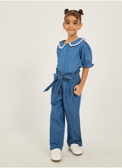 Styli Peter Pan Collar Denim Shirt with Lace Detail  - Image 2