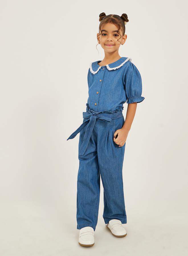 Styli Peter Pan Collar Denim Shirt with Lace Detail  - Image 2