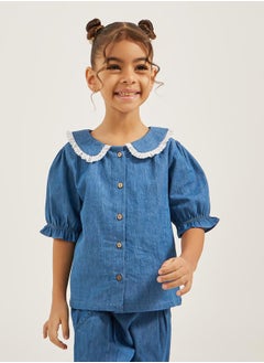Styli Peter Pan Collar Denim Shirt with Lace Detail  - Image 1