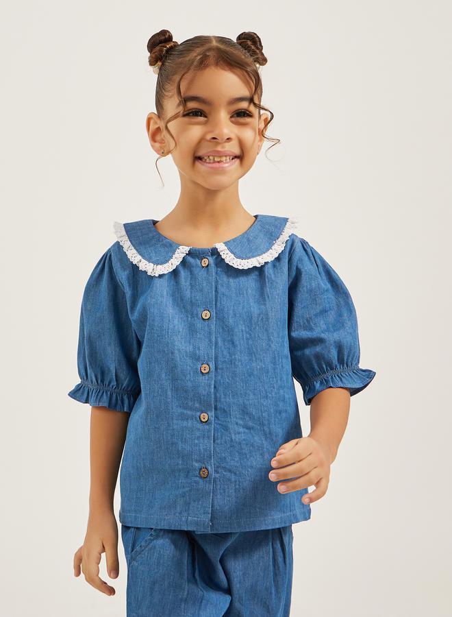 Styli Peter Pan Collar Denim Shirt with Lace Detail  - Image 1