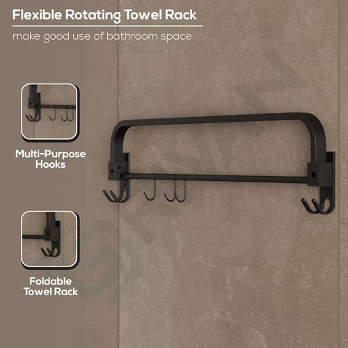 GRIVAN Stylish Stainless Steel 24 Inch Foldable Towel Rod/Shelf/Stand for Bathroom, Towel Holder with Hooks and Hanger (Black Matte Finish) - Image 5