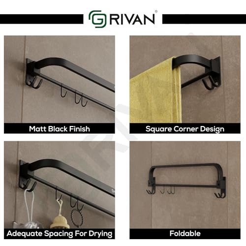 GRIVAN Stylish Stainless Steel 24 Inch Foldable Towel Rod/Shelf/Stand for Bathroom, Towel Holder with Hooks and Hanger (Black Matte Finish) - Image 4