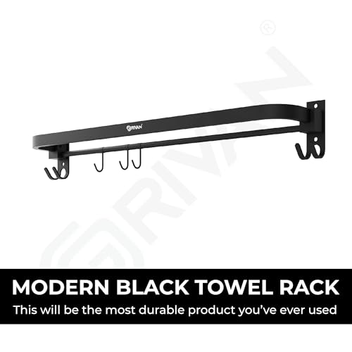 GRIVAN Stylish Stainless Steel 24 Inch Foldable Towel Rod/Shelf/Stand for Bathroom, Towel Holder with Hooks and Hanger (Black Matte Finish) - Image 3