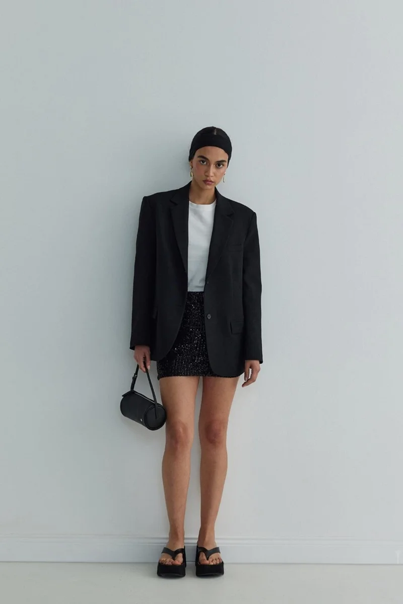 Suud Collection Black Sheen Sequined Mini Skirt