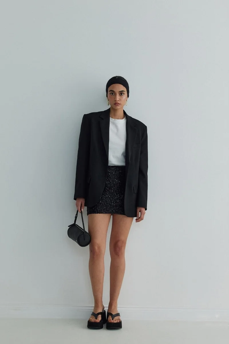 Suud Collection Black Sheen Sequined Mini Skirt