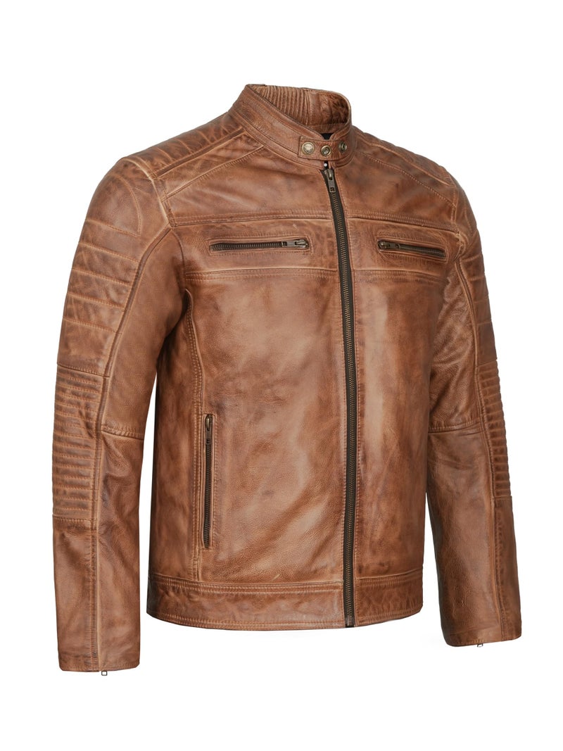 Leatherick Mens Distressed Tan Brown Genuine Leather Cafe Racer Biker Jacket Retro Style Vintage Jacket (US, Alpha, X-Large, Regular, Regular, Tan Brown) - Image 1
