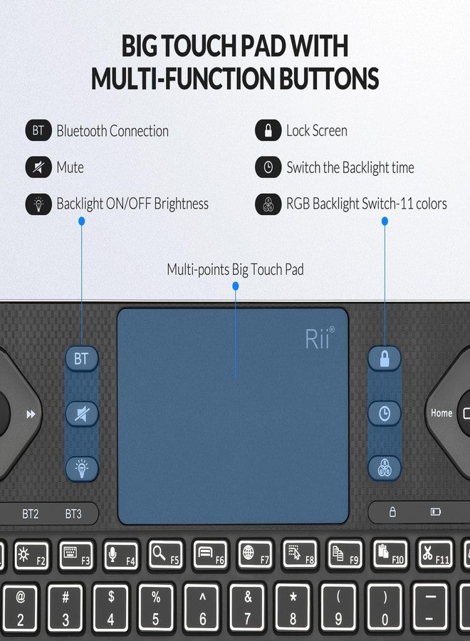 Rii i16+ Bluetooth Backlit Keyboard with Large Touchpad Mouse, Supports Up to 3 Connected Bluetooth Devices (US QWERTY Layout) - Image 3