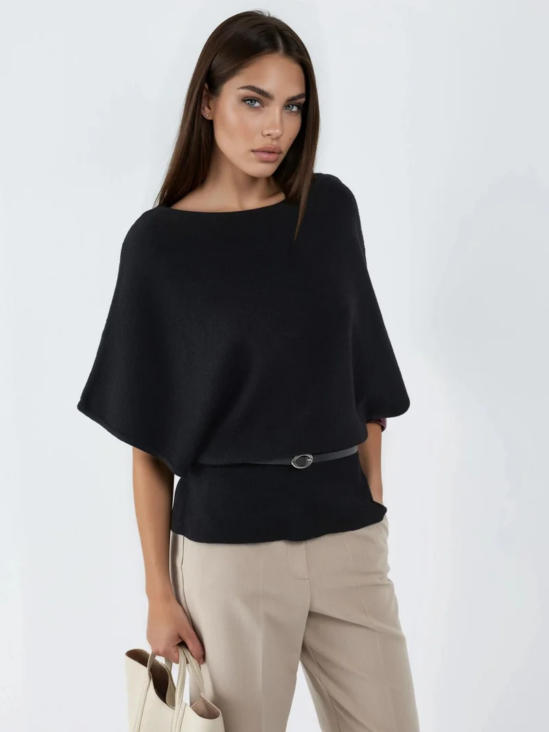 Qustyle QU STYLE Belted Crew Neck Ribbed Knit Sweater