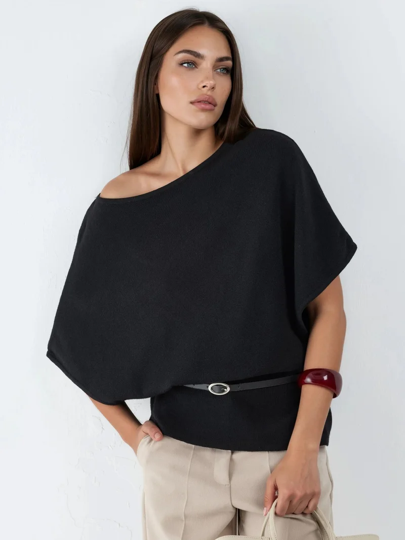 Qustyle QU STYLE Belted Crew Neck Ribbed Knit Sweater