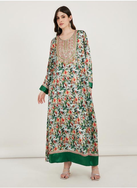 All Over Print Kaftan Dress with Threadwork by Styli