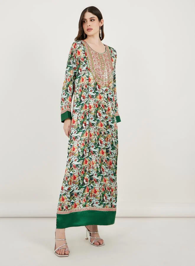 Maxim Creation All Over Print Kaftan Dress with Threadwork by Styli