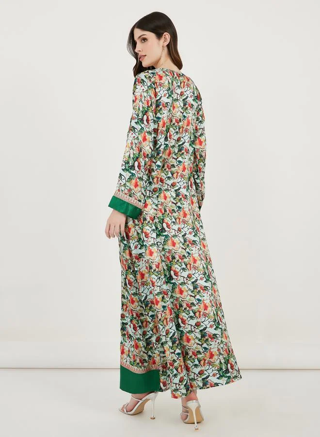 Maxim Creation All Over Print Kaftan Dress with Threadwork by Styli