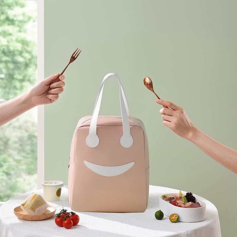 Keetly Insulated Canvas Smiley Lunch Bags with Aluminum Lining Lunch Bag for School Office Travel Tiffin Thermal Food Cooler Bags Picnic for Kids Men Women Leakproof Hot Cold Pink Large - Image 3