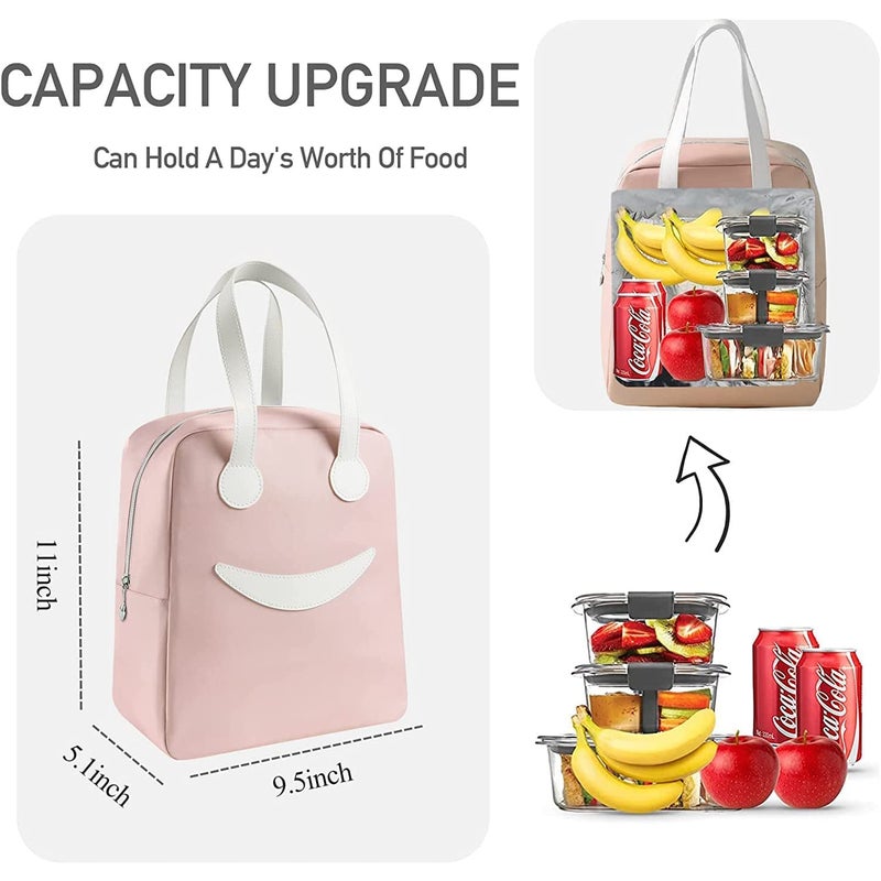 Keetly Insulated Canvas Smiley Lunch Bags with Aluminum Lining Lunch Bag for School Office Travel Tiffin Thermal Food Cooler Bags Picnic for Kids Men Women Leakproof Hot Cold Pink Large - Image 2
