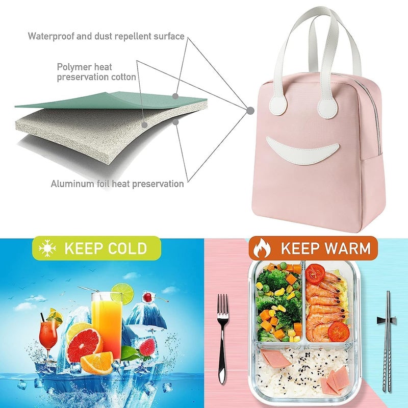 Keetly Insulated Canvas Smiley Lunch Bags with Aluminum Lining Lunch Bag for School Office Travel Tiffin Thermal Food Cooler Bags Picnic for Kids Men Women Leakproof Hot Cold Pink Large - Image 5