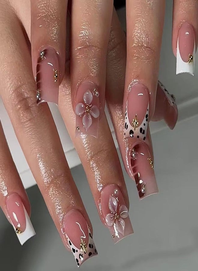 3D Flower Press On Nails Medium Square Fake Nails Leopard Print French Tip Nails Press Ons With Designs Crocodile False Nail Gold Bead Full Cover Acrylic Stick On Nail For Women Manicure 24Pcs